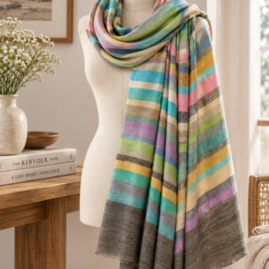 03ef319f-122b-4b5d-9da5-af0366e372a9 Baby Soft Pashmina Scarf — Rainbow stripe, charcoal grey with teal, turquoise, mustard, olive green, dusty pink, mauve, beige and muted blue