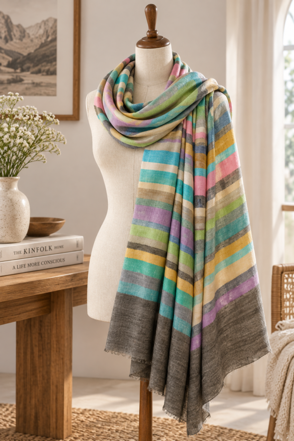 Baby Soft Pashmina Scarf — Rainbow stripe, charcoal grey with teal, turquoise, mustard, olive green, dusty pink, mauve, beige and muted blue