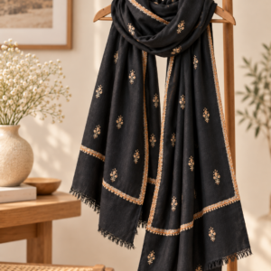 Botidar Sozni Pashmina Stole — Black with antique gold embroidery and border detailing