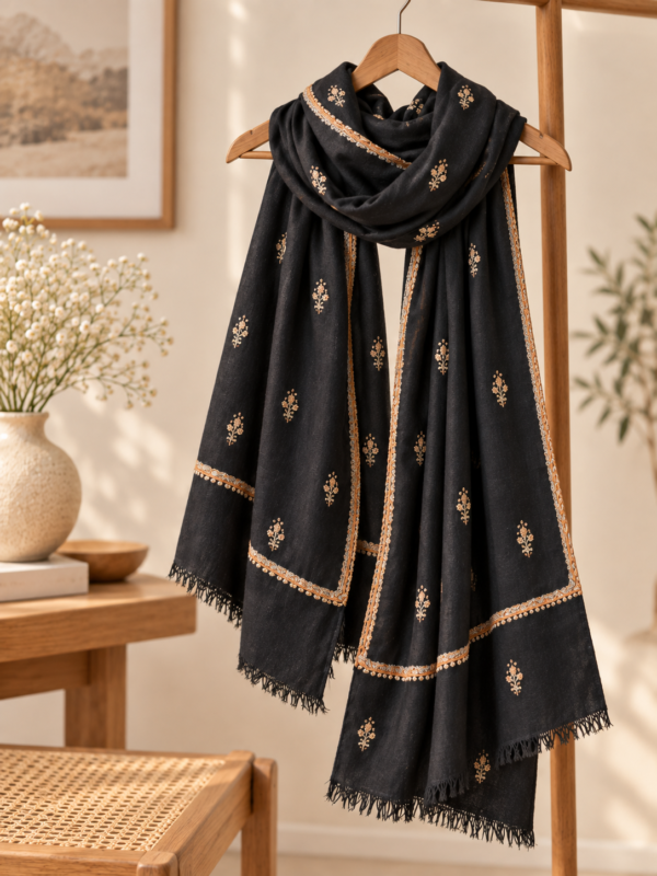 Botidar Sozni Pashmina Stole — Black with antique gold embroidery and border detailing