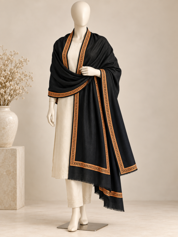 Hashidar Tilla Pashmina Stole — Deep black with antique gold border