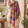 Baby Soft Pashmina Scarf — Rainbow check in magenta, purple, rust, coral red, grey and sage green on a beige base