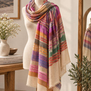 0cad33ec-f113-4f0b-b944-47796469a82a Baby Soft Pashmina Scarf — Rainbow check in magenta, purple, rust, coral red, grey and sage green on a beige base