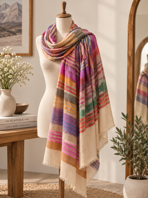 Baby Soft Pashmina Scarf — Rainbow check in magenta, purple, rust, coral red, grey and sage green on a beige base