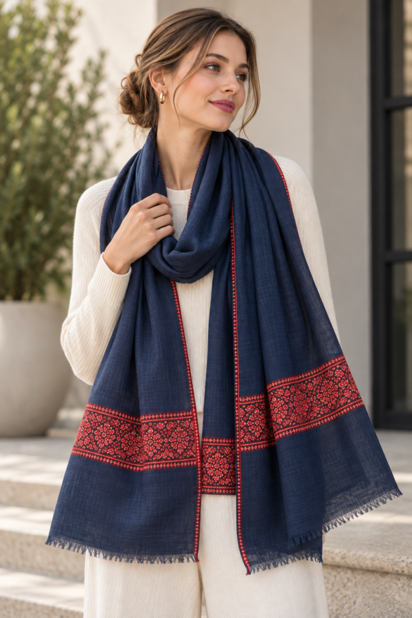 Hashidar Sozni Pashmina Stole — Dark navy blue