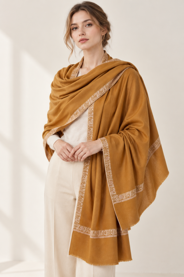 Hashidar Sozni Pashmina Stole — Mustard golden ochre
