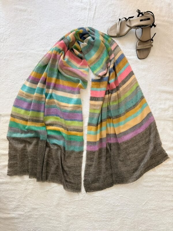 Baby Soft Pashmina Scarf — Rainbow stripe, charcoal grey with teal, turquoise, mustard, olive green, dusty pink, mauve, beige and muted blue