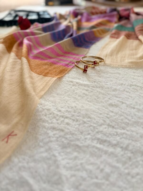 Baby Soft Pashmina Scarf — Rainbow check in magenta, purple, rust, coral red, grey and sage green on a beige base