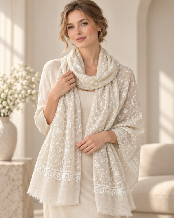 Jaldar Sozni Pashmina Stole — Light cream ivory