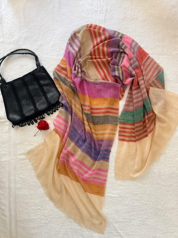 Baby Soft Pashmina Scarf — Rainbow check in magenta, purple, rust, coral red, grey and sage green on a beige base