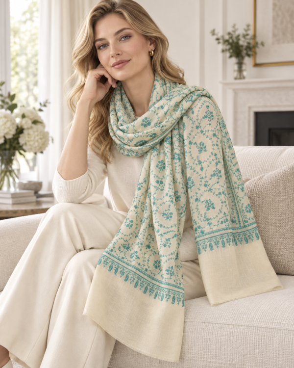 Jaldar Sozni Pashmina Stole — Ivory off-white
