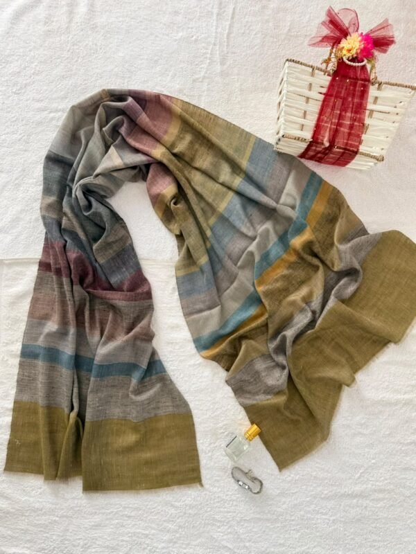 Baby Soft Special Pashmina Scarf — Multicolour stripe, olive green with grey, dusty mauve, muted blue and mustard on beige