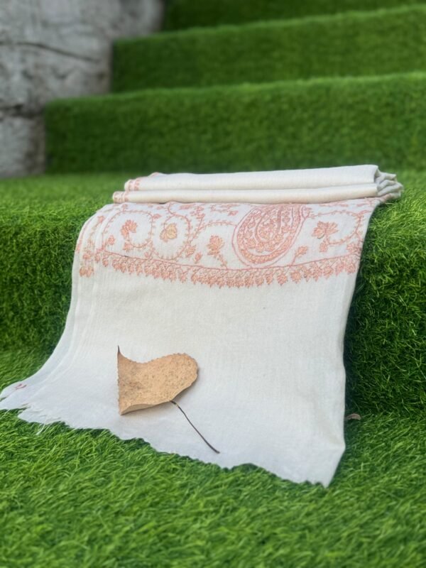 Paldar Sozni Cashmere Stole — Natural White  with dusty peach