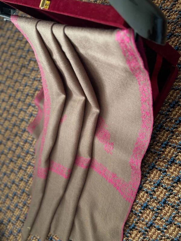Hashidar Sozni Cashmere Stole — Mocha Brown with Raspberry pink