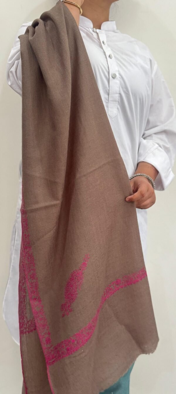 Hashidar Sozni Cashmere Stole — Mocha Brown with Raspberry pink