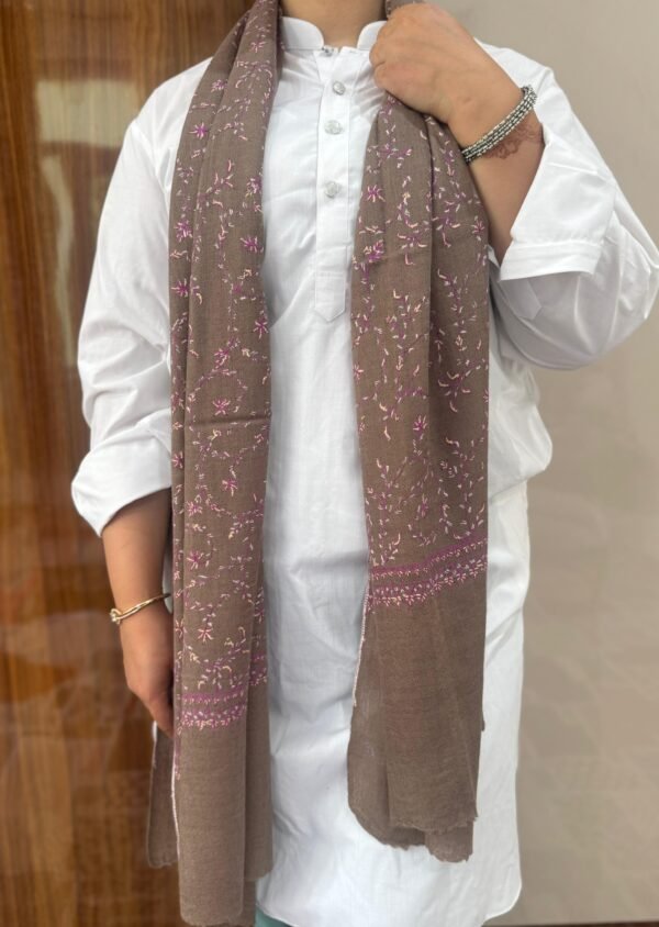 Jaldar Sozni Cashmere Stole — Mocha Brown with Soft pink