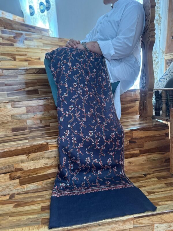 Jaldar Sozni Cashmere Stole — Dark Navy blue with Rose pink