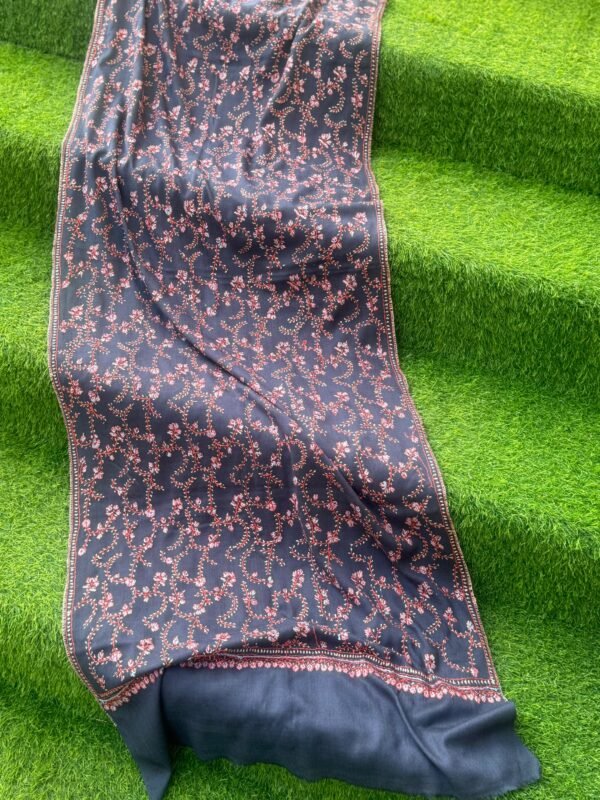 Jaldar Sozni Cashmere Stole — Dark Navy blue with Rose pink