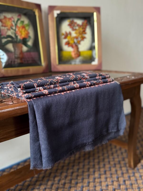Jaldar Sozni Cashmere Stole — Dark Navy blue with Rose pink