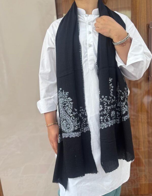 Paldar Sozni Cashmere Stole — Deep black with silver Grey