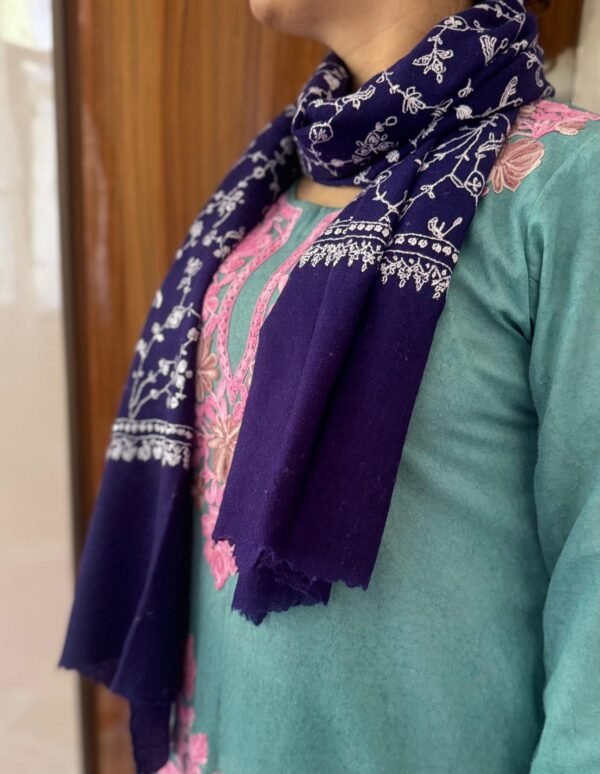 Jaldar Sozni Cashmere Stole — Deep Navy blue with silver Grey