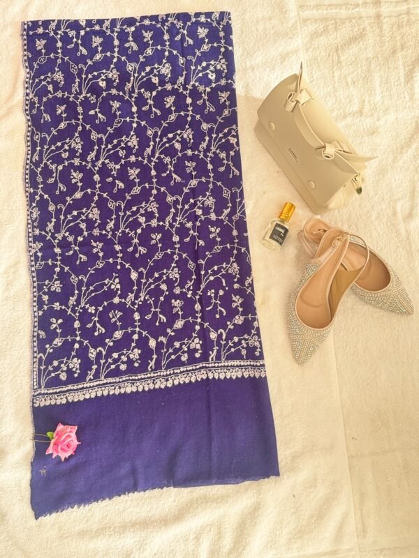 Jaldar Sozni Cashmere Stole — Deep Navy blue with silver Grey