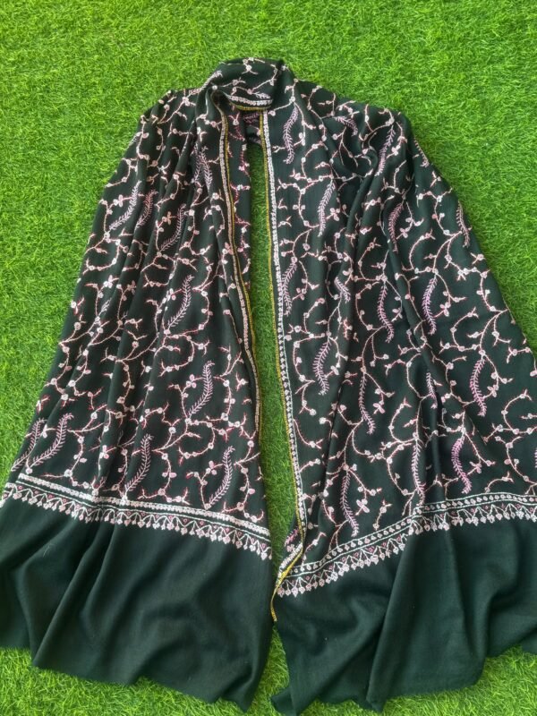 Jaldar Sozni Cashmere Stole — Dark black  with light Pink