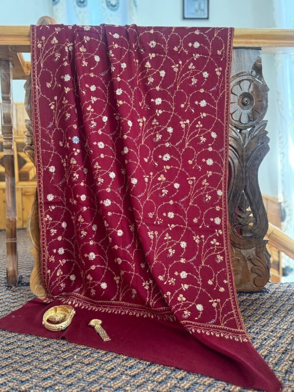 Jaldar Sozni Cashmere Stole — Burgundy Maroon with gold  and Sky blue