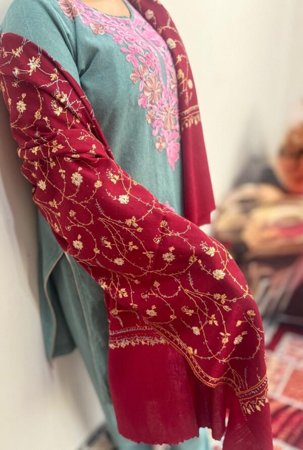Jaldar Sozni Cashmere Stole — Burgundy Maroon with gold  and Sky blue