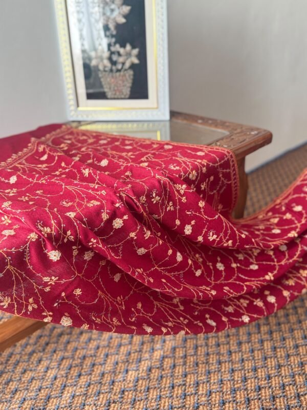 Jaldar Sozni Cashmere Stole — Burgundy Maroon with gold  and Sky blue