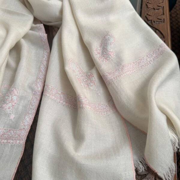 WhatsApp Image 2026-09-10 at 6.06.53 AM Hashidar Sozni Pashmina Stole — warm ivory / creamy off-white with a very soft blush-pink embroidery/border.