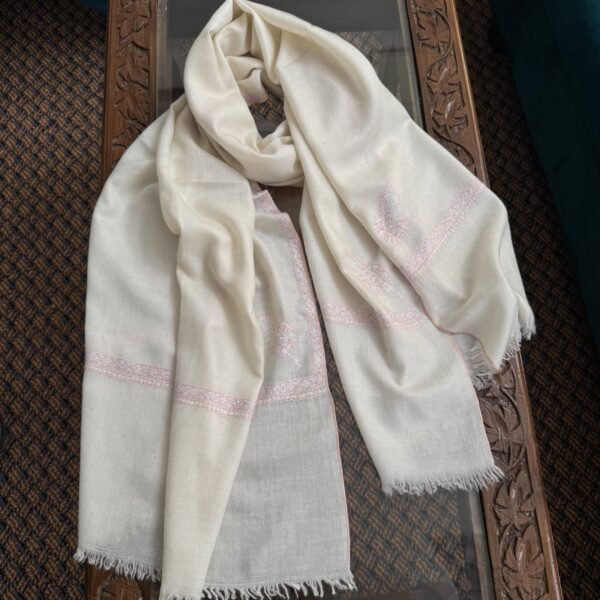 WhatsApp Image 2026-09-10 at 6.06.54 AM Hashidar Sozni Pashmina Stole — warm ivory / creamy off-white with a very soft blush-pink embroidery/border.