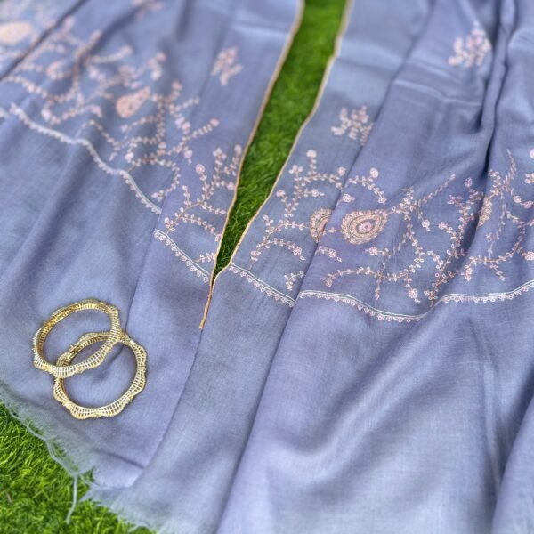 Botidar Sozni Pashmina Stole — Muted periwinkle blue shade, with soft pink, cream, and peach embroidery.