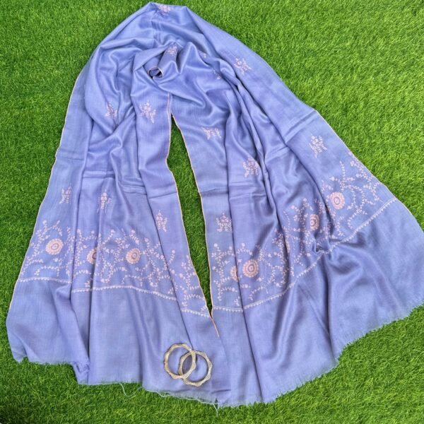 Botidar Sozni Pashmina Stole — Muted periwinkle blue shade, with soft pink, cream, and peach embroidery.
