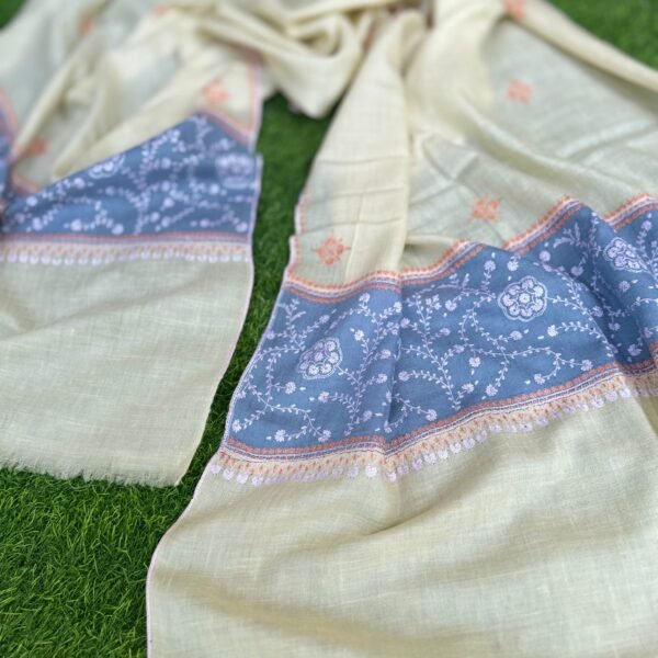 Botidar Sozni Pashmina Stole — Soft ivory-cream (off-white) base with a dusty slate-blue Embroidery