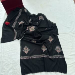 Botidar Sozni Pashmina Stole — Black with dusty pink, light lavender, and beige  Embroidery
