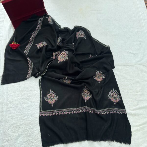 Botidar Sozni Pashmina Stole — Black with dusty pink, light lavender, and beige  Embroidery