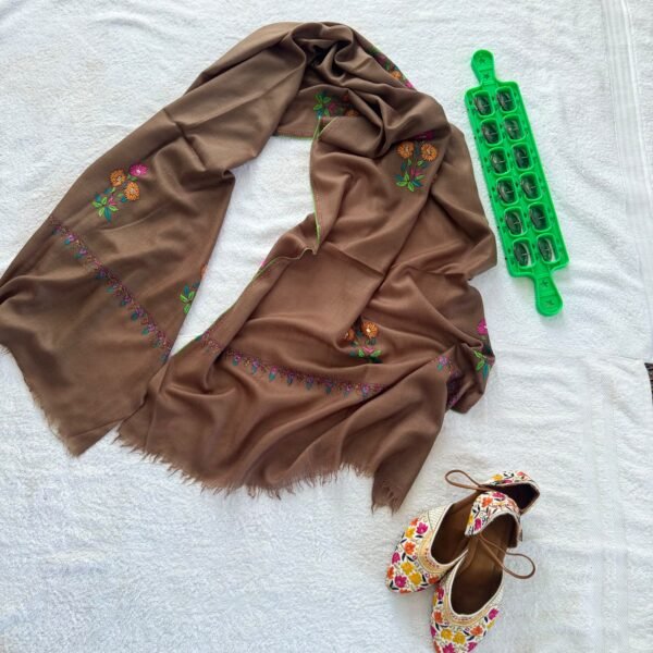 WhatsApp Image 2026-09-10 at 6.13.52 AM (1) Kalamkari Pashmina Stole — Mocha Brown with pink, orange, green, and turquoise floral design