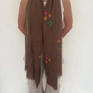Kalamkari Pashmina Stole — Mocha Brown with pink, orange,  green, and turquoise  floral design