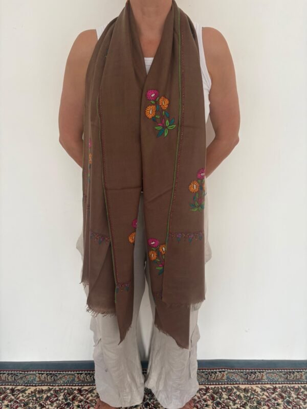 WhatsApp Image 2026-09-10 at 6.13.52 AM Kalamkari Pashmina Stole — Mocha Brown with pink, orange, green, and turquoise floral design