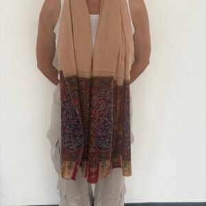 Kalamkari Pashmina Stole — Light peachy beige with maroon, teal, Mustard, purple, Rust and olive green embroidery