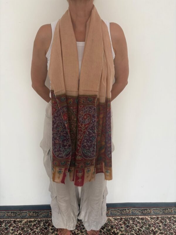 WhatsApp Image 2026-09-10 at 6.15.26 AM Kalamkari Pashmina Stole — Light peachy beige with maroon, teal, Mustard, purple, Rust and olive green embroidery