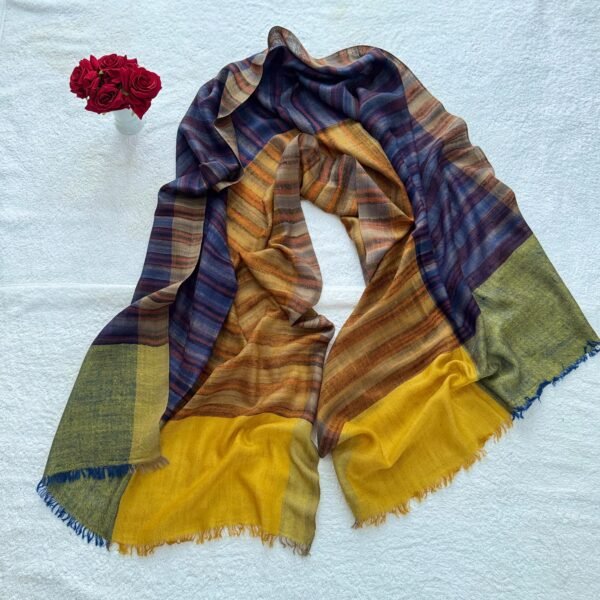 Ikat Pashmina Scarf — Multicolour scarf  featuring  indigio, Mustard, olive and earthy stripes