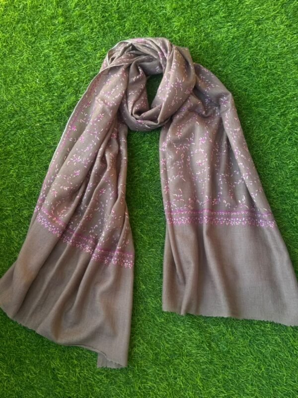 Jaldar Sozni Cashmere Stole — Mocha Brown with Soft pink