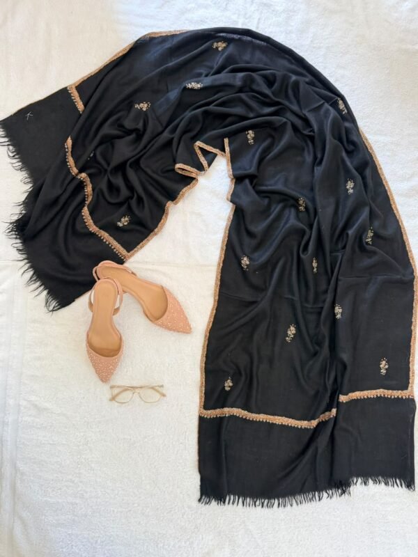 Botidar Sozni Pashmina Stole — Black with antique gold embroidery and border detailing