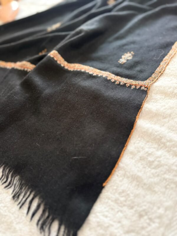 Botidar Sozni Pashmina Stole — Black with antique gold embroidery and border detailing
