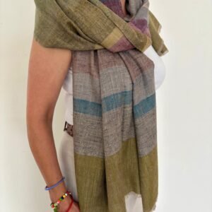 Baby Soft Special Pashmina Scarf — Multicolour stripe, olive green with grey, dusty mauve, muted blue and mustard on beige