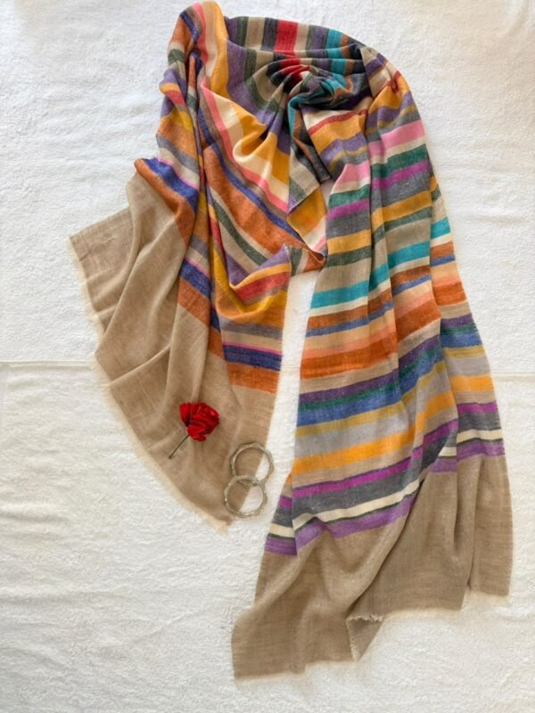 Baby Soft Pashmina Scarf — Rainbow stripe, natural sand with orange, mustard yellow, purple, pink, teal, blue, green, red and grey