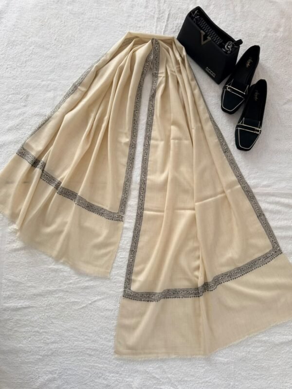 Hashidar Sozni Pashmina Stole — Natural off-white with black embroidery