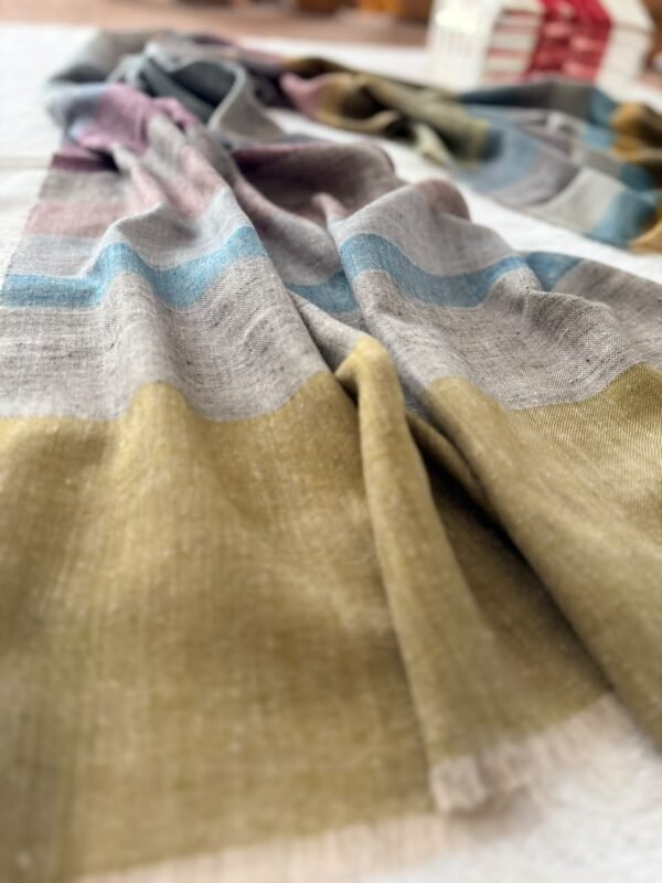 Baby Soft Special Pashmina Scarf — Multicolour stripe, olive green with grey, dusty mauve, muted blue and mustard on beige